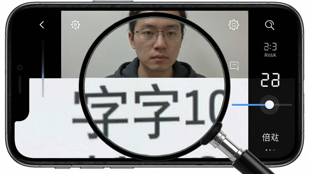 一张小字放大镜应用界面截图,展示实时放大功能,主体为手机屏幕上的放大画面,布局为上半部分显示原始画面下半部分显示放大后的文字,排版清晰直观,风格科技简约,细节包括放大滑块和倍数数字,画质高清,干净,无多余元素