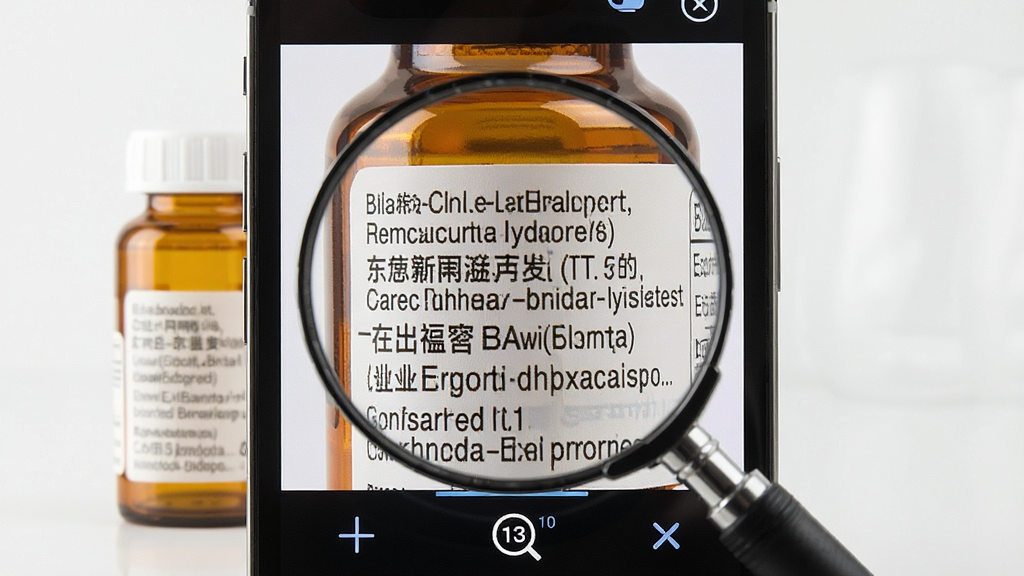 一张手机屏幕显示小字放大镜应用正在放大药瓶标签上的细小文字,画面明亮清晰,主体为手机和药瓶,布局居中,排版简洁,风格写实,细节包括放大的文字清晰可辨和手机界面上的放大倍数标识,画质高清,干净,无多余元素