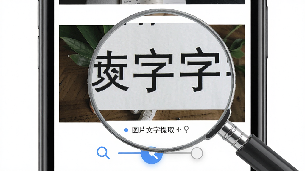 小字放大镜应用中的图片文字提取功能界面,主体为手机屏幕显示从相册导入的图片,布局为图片预览区下方带有放大调节按钮,排版整洁,风格清新,细节包括放大后的文字清晰锐利和操作提示文字,画质高清,干净,无多余元素