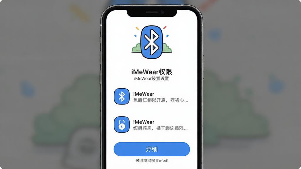 一张展示iMeWear权限设置引导页面的图片,主体为手机屏幕竖放,屏幕中显示iMeWear的权限开启引导界面,页面内有三项权限图标和对应的开启按钮,布局为垂直排列,顶部有插画风格的蓝牙图标,排版清晰,风格为友好亲切的插画风,细节包括蓝色高亮按钮和灰色说明文字,画质高清,干净,无多余元素。