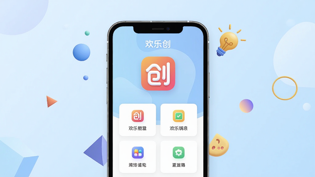 一张展示欢乐创应用主界面的预览图,画面中央是手机屏幕,屏幕内显示欢乐创的彩色图标和简洁的功能卡片布局,背景为柔和的浅蓝色渐变,周围点缀着几何图形和创意小元素,整体风格清新明快,画质清晰,干净无多余元素,图片中文字为“欢乐创”