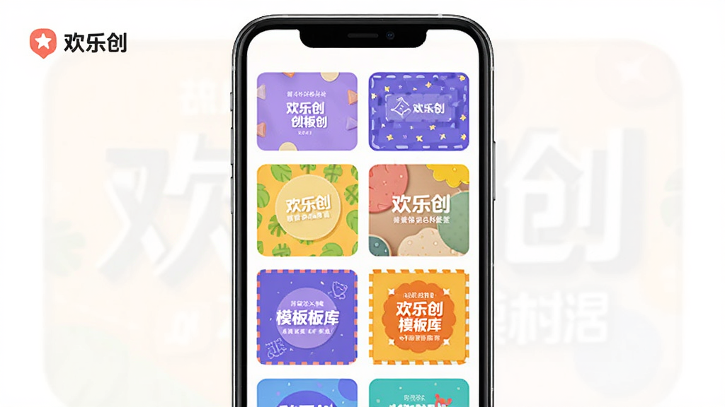 一张展示欢乐创模板库界面的预览图,画面中手机屏幕显示多个彩色模板缩略图整齐排列,每个模板上有不同的图案和文字占位符,背景为白色,风格简洁现代,画质清晰,干净无多余元素,图片中文字为“欢乐创”