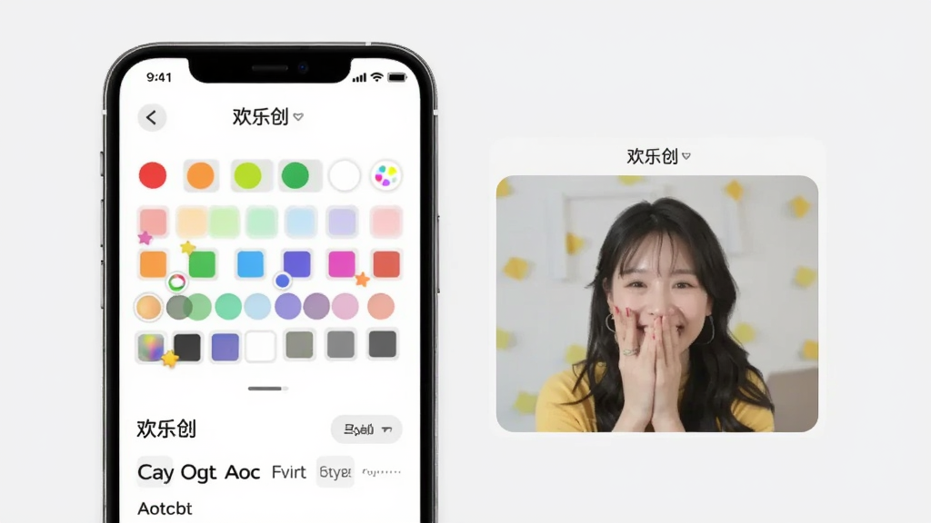 一张展示欢乐创个性化设置界面的预览图,画面中手机屏幕显示颜色选择器和字体样式选项,旁边有实时预览区域,背景为浅灰色,风格简约,画质清晰,干净无多余元素,图片中文字为“欢乐创”