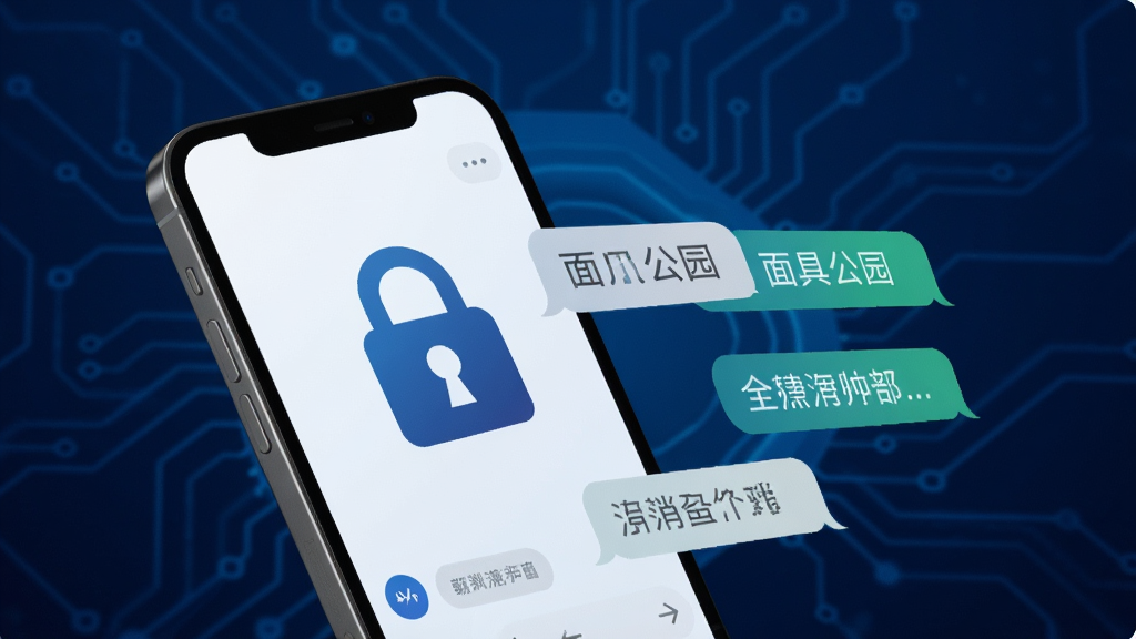 面具公园 消息加密安全功能示意图,手机屏幕显示锁形图标与加密聊天对话,背景为深蓝色科技感渐变,风格稳重,细节清晰,画质干净,无多余元素