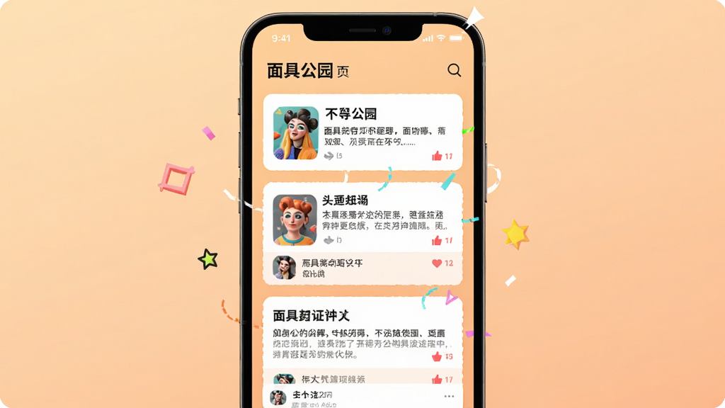 面具公园 话题广场页面图,手机屏幕展示话题卡片列表与评论区,卡片包含标题、摘要与点赞数,背景为浅橙色渐变,风格活泼,细节清晰,画质干净,无多余元素