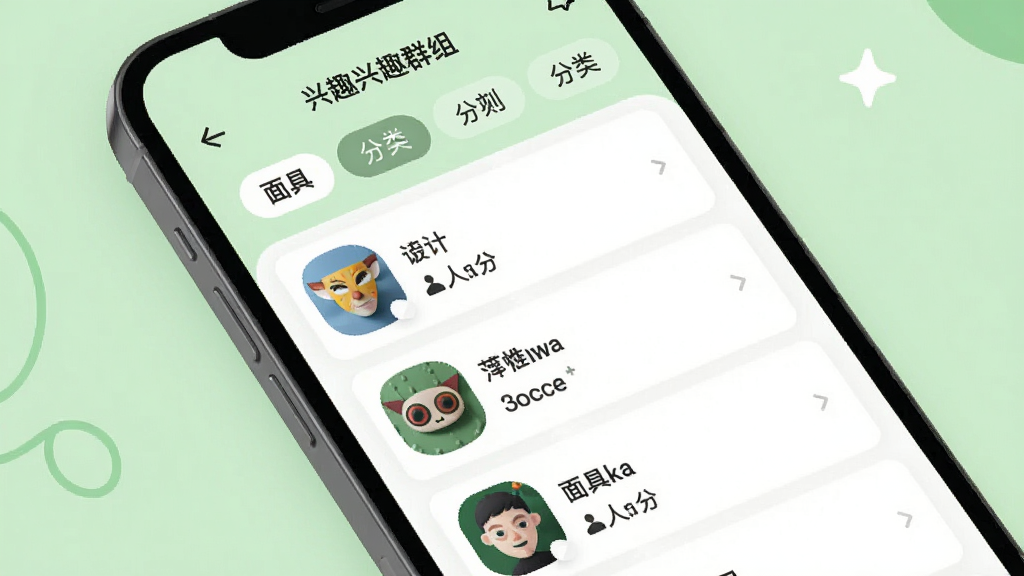 面具公园 兴趣群组界面图,手机屏幕展示群组分类标签与群组列表,每个群组配有图标与人数显示,背景为柔和浅绿色,风格简洁明快,细节清晰,画质干净,无多余元素