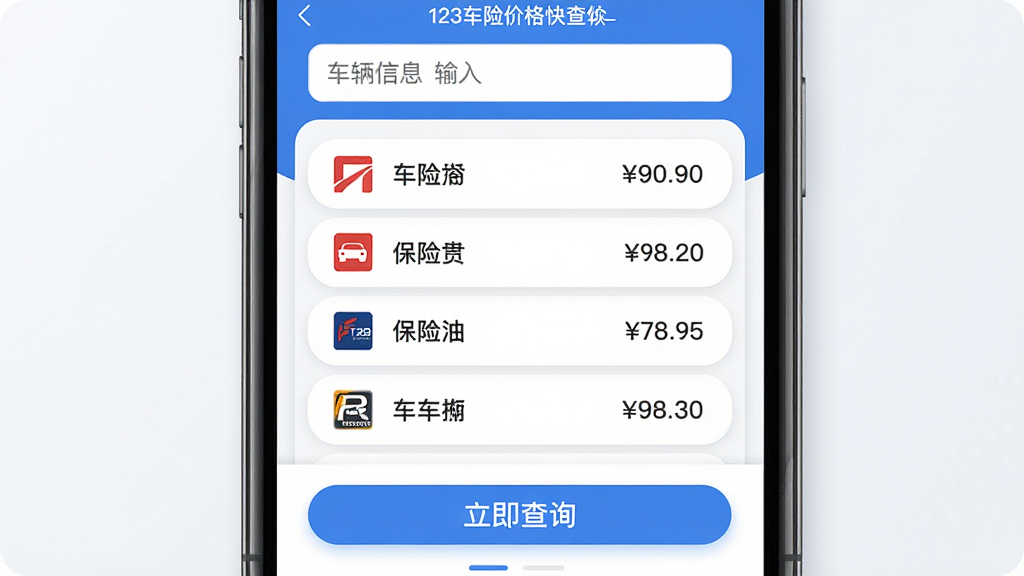 手机屏幕中央展示123车险价格快查软件的主界面,界面中清晰列出多家保险公司的车险报价对比列表,左侧是各保险公司图标和名称,右侧是价格数字,顶部有车辆信息输入框,底部有立即查询按钮,整体布局简洁清晰,排版整齐,风格为现代简约的移动应用界面设计,细节包括圆角卡片、柔和阴影、蓝色主色调,画质高清,干净,无多余元素
