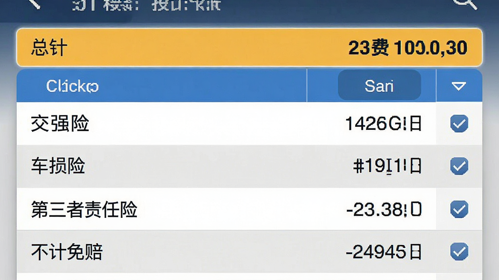 123车险价格快查的险种明细页面截图,页面上以表格形式展示交强险、车损险、第三者责任险、不计免赔等各险种的名称和对应保费金额,表格行交替使用白色和浅灰色底色,文字清晰易读,顶部有总计金额高亮显示,风格为简洁的移动端数据展示界面,细节包括勾选框和展开收起按钮,画质高清,干净,无多余元素
