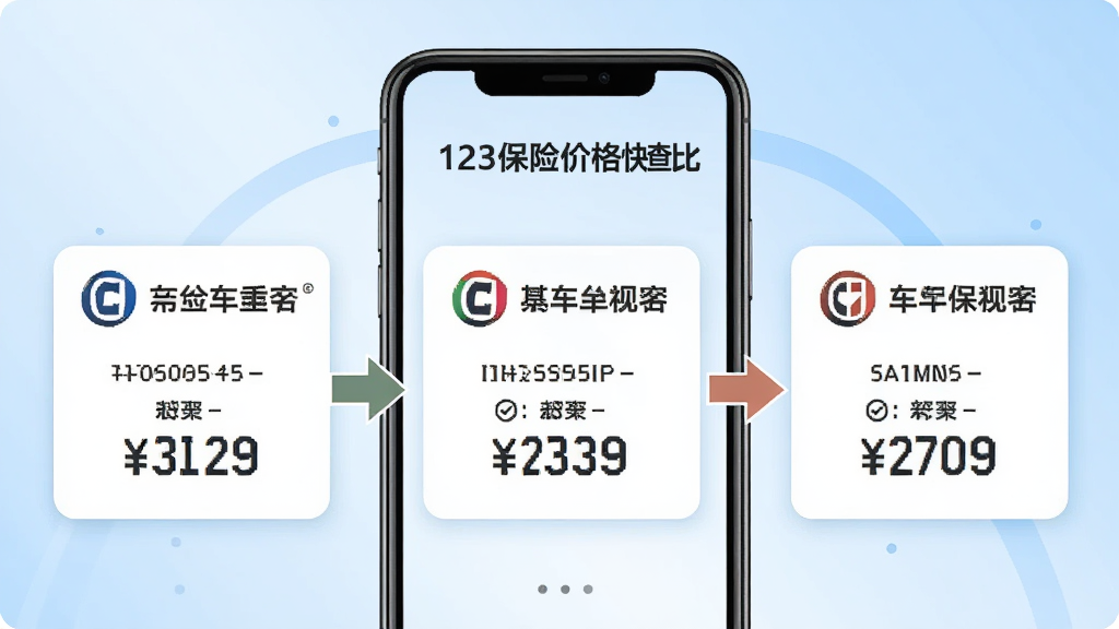 一幅展示123车险价格快查比价功能的画面,画面中央是一部智能手机,手机屏幕上显示着三家保险公司的报价卡片并排排列,每张卡片上有保险公司标志和价格数字,卡片之间有对比箭头连接,背景是浅蓝色的渐变色调,风格为扁平化插画设计,细节包括清晰的数字展示和简洁的图标,画质高清,干净,无多余元素