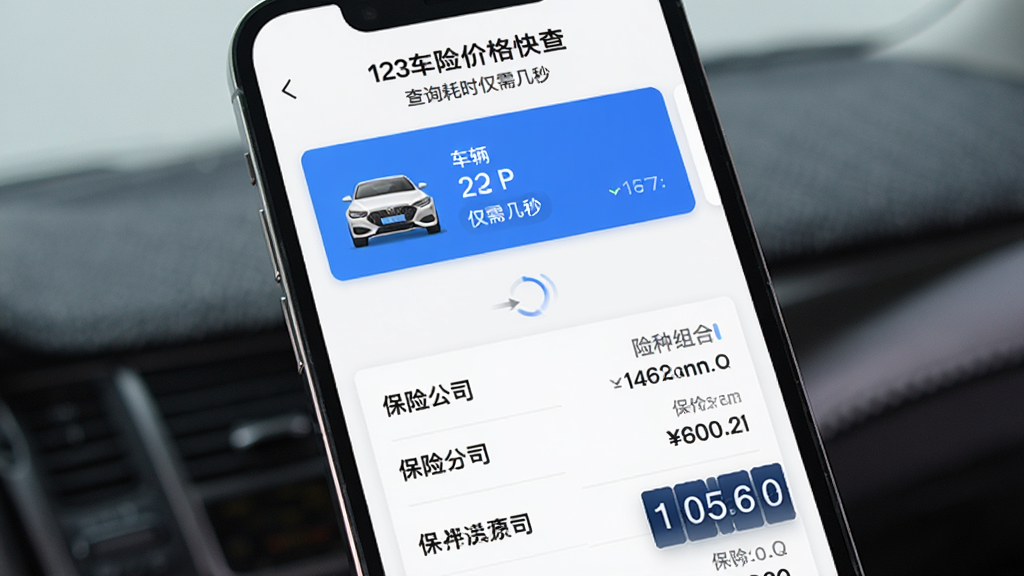 手机界面展示123车险价格快查的查询结果页面,页面顶部显示查询耗时仅需几秒,中间是车辆信息摘要卡片,下方是各保险公司报价列表,列表项包含保险公司名称、险种组合和报价金额,界面配色以白色和蓝色为主,风格为清爽的移动端UI设计,细节包括加载动画效果和数字滚动展示,画质高清,干净,无多余元素