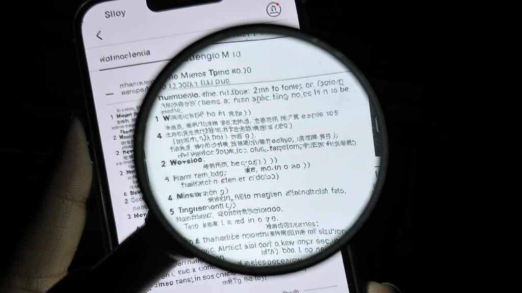 手机在暗光环境下使用涟漪放大镜,屏幕中药品说明书的小字被放大且明亮清晰,手机手电筒灯光辅助照明,背景昏暗,主体突出,画质干净,无多余元素
