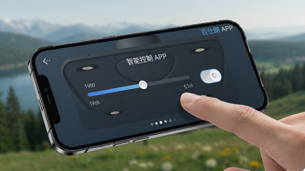 画面主体为佰仕朗APP的远程控制界面,屏幕上显示一个智能浴霸的控制面板,有温度调节滑块和开关按钮,布局为手机斜放展示,背景为模糊的户外风景,风格为现代科技风,细节上手指正在点击屏幕,画质清晰,干净,无多余元素