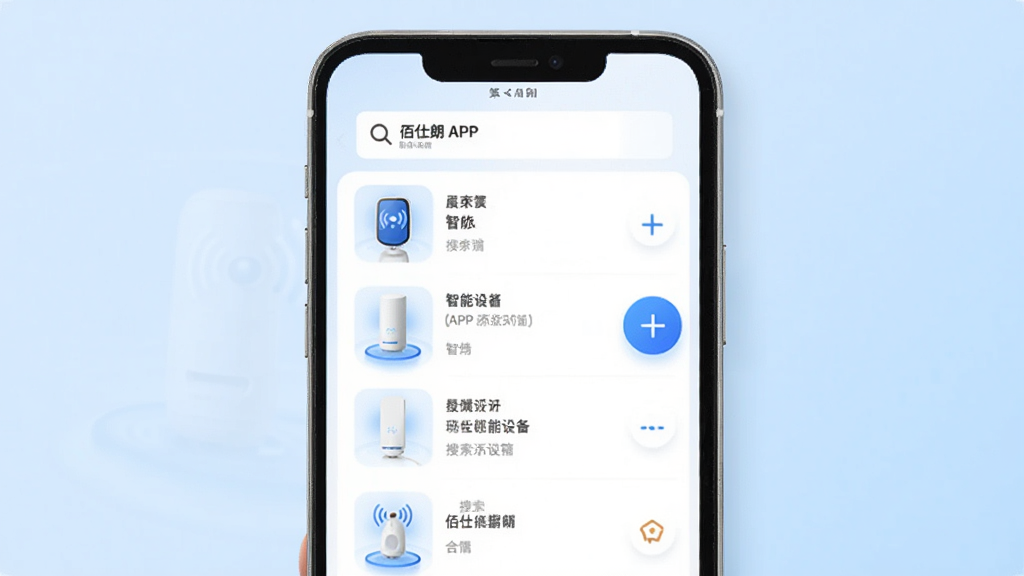 画面主体为佰仕朗APP的添加设备界面,屏幕中央显示搜索到的智能设备列表,旁边有一个醒目的加号按钮,布局为手机屏幕特写,背景为浅蓝色渐变,风格为简约科技风,细节上设备图标带有微光效果,画质清晰,干净,无多余元素