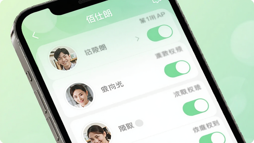 画面主体为佰仕朗APP的家庭成员管理界面,屏幕上显示多个用户头像和权限开关,布局为手机屏幕特写,背景为浅绿色渐变,风格为社交简约风,细节上头像有圆形边框,画质清晰,干净,无多余元素