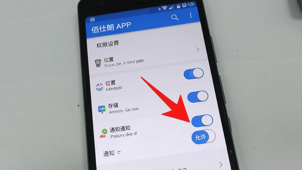 画面主体为一部安卓手机,屏幕上显示佰仕朗APP的权限设置页面,有位置、存储、通知等权限开关,布局为手机竖屏特写,背景为浅灰色桌面,风格为教程指引风,细节上有一个红色箭头指向“允许”按钮,画质清晰,干净,无多余元素