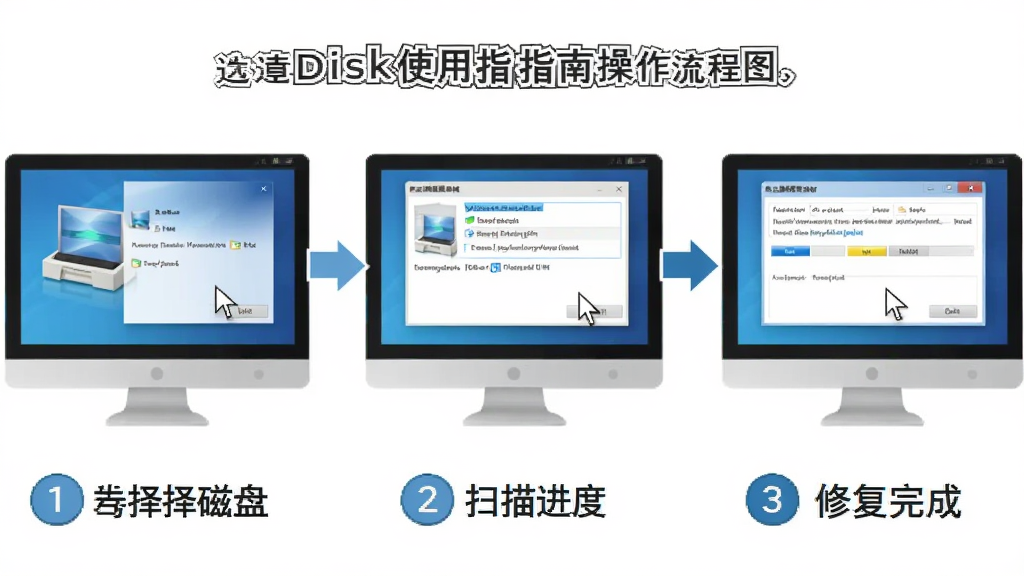 CheckDisk使用指南操作流程图,主体为电脑屏幕展示软件操作步骤截图,布局从左到右依次为选择磁盘、扫描进度、修复完成三个画面,排版横向排列,风格扁平化教程风,细节包含鼠标指针、箭头引导、步骤编号,画质清晰干净,无多余元素