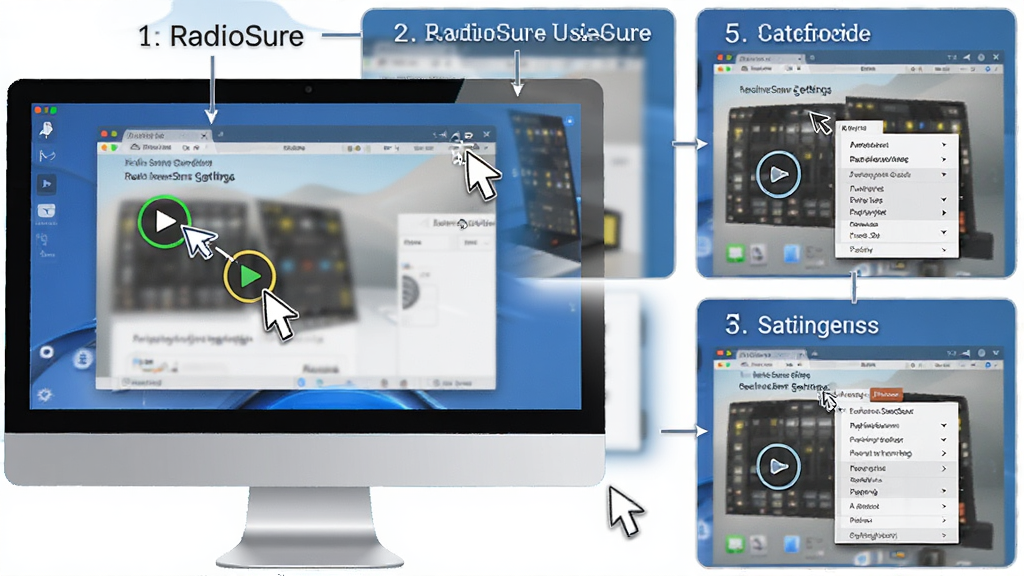 һ��չʾ RadioSure ʹ��ָ�ϵ�ͼƬ�������ǵ�����Ļ�ϵ� RadioSure ���������벽���ע������Ϊ�ֲ���ͼ���У��Ű����������Ϊ�̳�ͼ��磬ϸ�ڰ��������λ�á����Ű�ť���������ò˵�չ�������ʸ��壬�ɾ����޶���Ԫ��