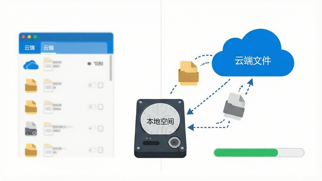 一幅展示 Microsoft OneDrive 按需文件功能的示意图。画面主体是一个电脑硬盘图标,旁边连接着一朵云,云与硬盘之间有虚线箭头表示文件正在按需下载。布局采用左右对比排版,左侧显示云端文件列表,右侧显示本地硬盘空间释放的进度条。风格为简洁的扁平化信息图,细节包括硬盘图标上标注“本地空间”,云朵图标上标注“云端文件”,画面中还有几个文件图标正在从云朵飞向硬盘。画质清晰,背景为纯白色,画面干净,无多余文字干扰。