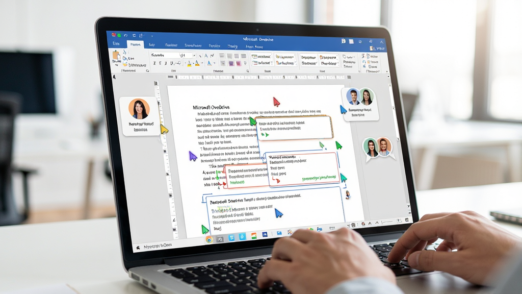 一幅展示 Microsoft OneDrive 与 Office 文档实时协作的场景图。画面主体是一台打开的笔记本电脑,屏幕上显示着一份正在被多人编辑的 Word 文档,文档周围有多个彩色光标和用户头像气泡。布局采用居中透视构图,电脑屏幕占据主要视觉区域。风格为现代办公写实风格,细节包括屏幕上显示着文字段落、批注框和修订标记,屏幕外的键盘上有手指正在敲击。画质为高清摄影级别,背景为明亮的办公室环境虚化,画面干净,无多余元素。