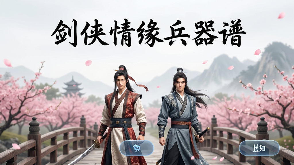 画面展示两个武侠角色并肩立于桥头,背景为桃花林与远山,布局人物在画面下方三分之一处,上方留白题字“剑侠情缘兵器谱”,风格为唯美古风,细节包含服饰纹理、花瓣飘落、UI按钮半透明,画质细腻,干净,无多余元素