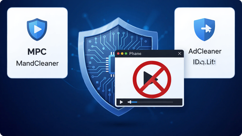 MPC AdCleaner 智能广告拦截功能示意图,主体为一个盾牌图标与播放器窗口重叠,布局居中,排版采用图标加文字说明的卡片式设计,风格为简洁科技感,细节包含盾牌表面有电路纹理、播放器窗口边缘有红色禁止符号、背景为深蓝色渐变,画质高清,画面干净无多余元素