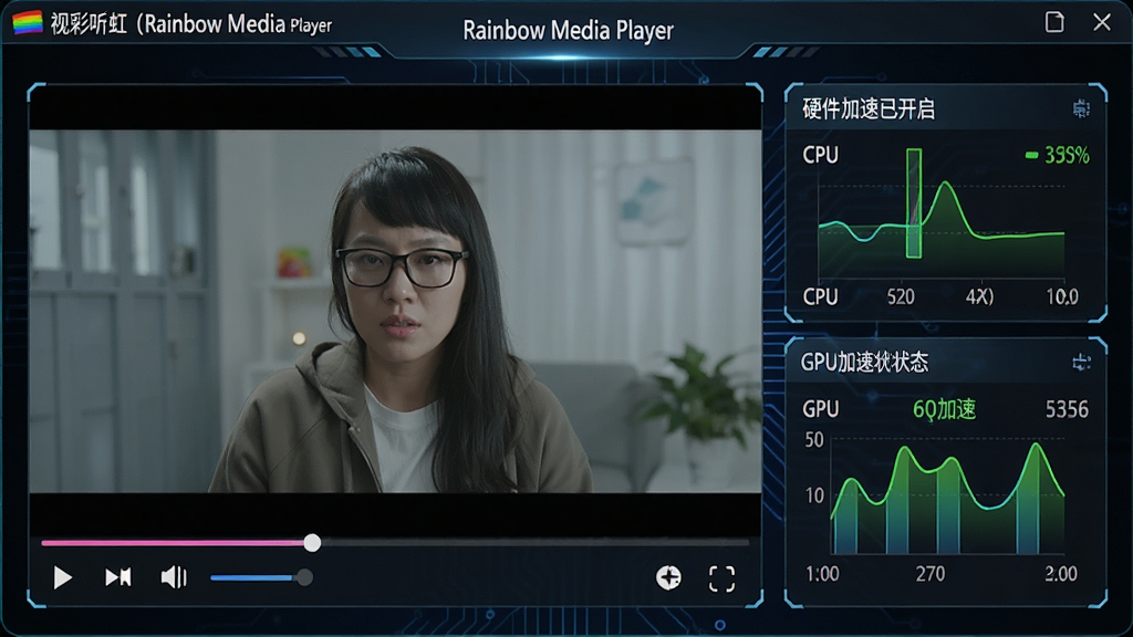 一张展示视彩听虹(Rainbow Media Player)播放4K视频时的性能监控界面截图,画面中有视频播放窗口,旁边显示CPU占用率和GPU加速状态,界面风格科技感强,文字标注“硬件加速已开启”,整体画质清晰,无多余装饰。