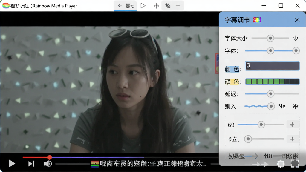 一张展示视彩听虹(Rainbow Media Player)字幕设置界面的图片,画面中视频正在播放,字幕显示在底部,右侧弹出字幕调节面板,包含字体大小、颜色、延迟调整等选项,界面为中文,风格简洁,画质清晰干净。