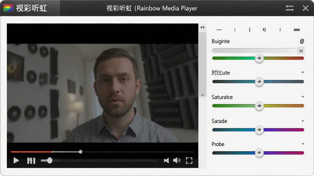 一张展示视彩听虹(Rainbow Media Player)画面调节功能的图片,画面左侧是视频播放窗口,右侧是色彩调节滑块面板,包含亮度、对比度、饱和度等选项,界面风格专业且易用,画质清晰,无杂乱元素。