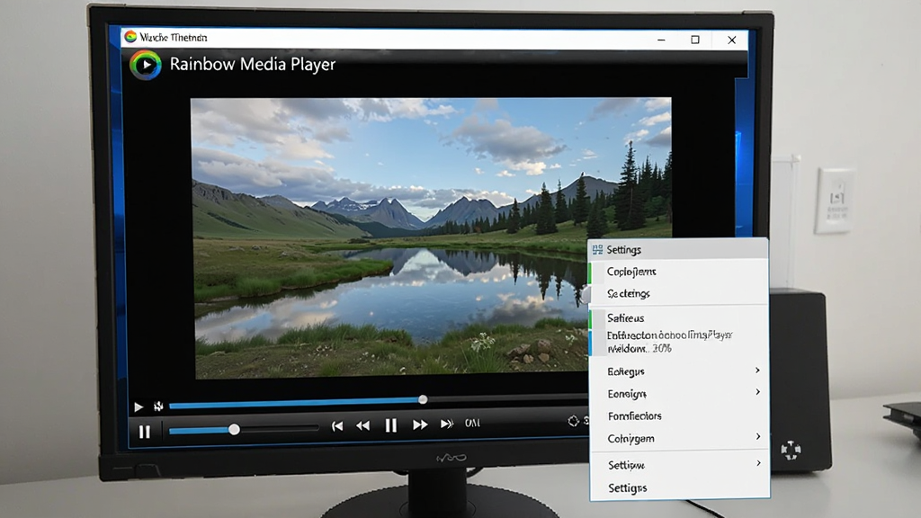一张展示视彩听虹(Rainbow Media Player)在Windows电脑上播放视频的实拍图,画面中软件窗口正在播放一部风景纪录片,底部有控制栏,旁边有设置菜单弹出,整体环境为整洁的办公桌面,画质清晰,无多余元素。
