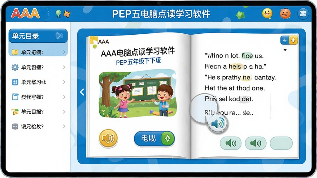 一张展示AAA电脑点读学习软件PEP五年级下册主界面的图片,画面中央是打开的点读课本页面,左侧为单元目录,右侧显示英语课文和点读光标,界面风格清新活泼,配色以蓝白为主,点缀卡通学习元素,整体布局整齐有序,风格为现代教育软件界面,细节包括课本插图、点读按钮、发音图标等,画质清晰,干净,无多余元素