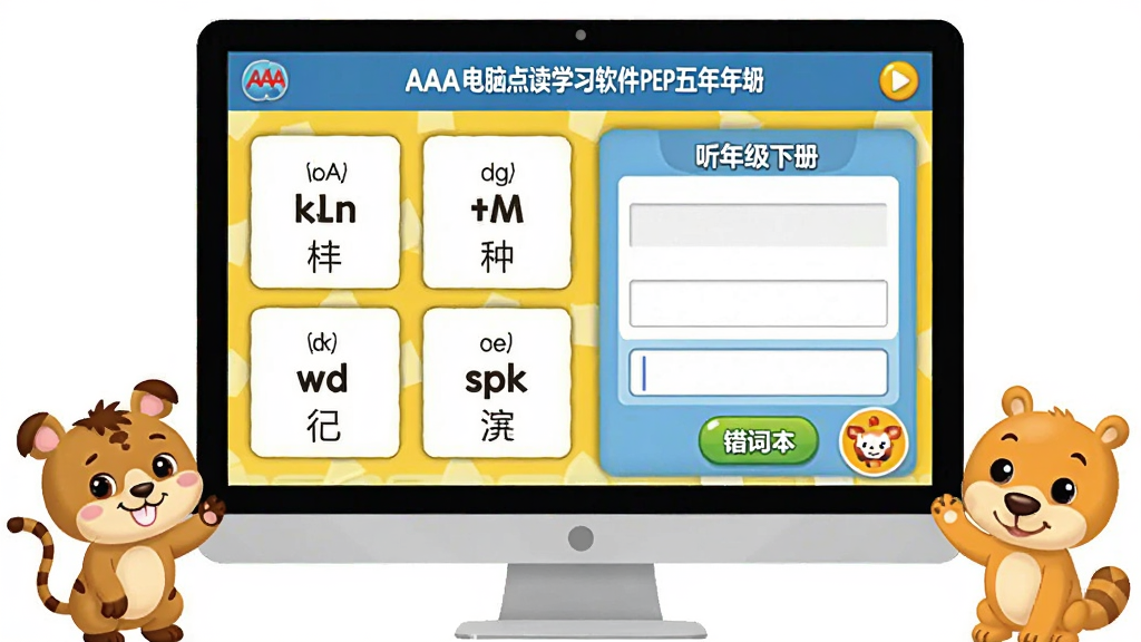 一张展示AAA电脑点读学习软件PEP五年级下册单词记忆与听写功能的图片,画面中电脑屏幕上显示着单词卡片和听写练习界面,有单词、音标、中文释义和输入框,旁边有可爱的卡通动物图案,画面风格活泼有趣,布局规整,风格为儿童教育软件界面,细节包括单词卡片、听写按钮、错词本图标等,画质清晰,干净,无多余元素