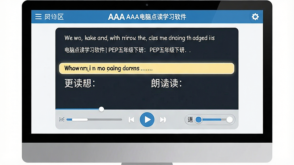 一张展示AAA电脑点读学习软件PEP五年级下册课文翻译与朗读功能的图片,画面中电脑屏幕上显示着英语课文和中文翻译对照,当前朗读句子高亮显示,有播放控制条和语速调节按钮,画面风格简洁明了,布局对称,风格为学习阅读界面,细节包括课文文本、翻译文字、高亮条、播放按钮等,画质清晰,干净,无多余元素