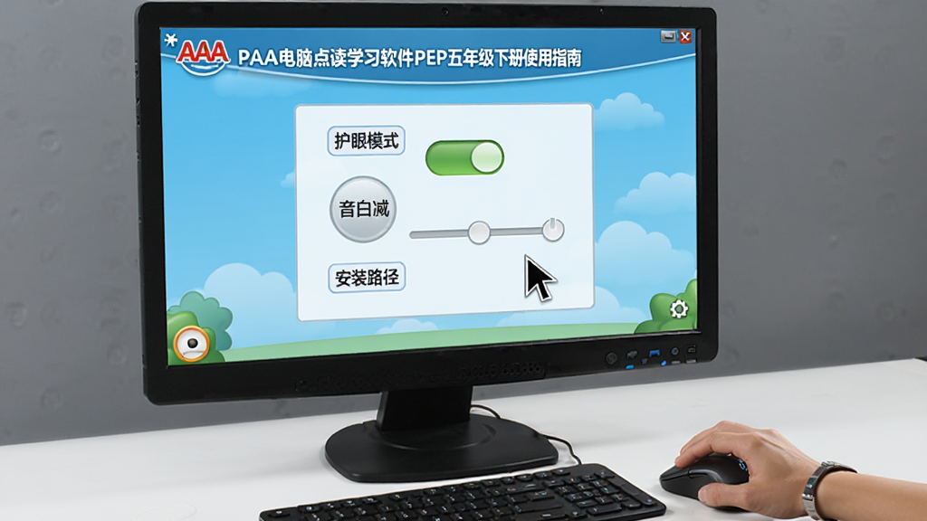 一张展示AAA电脑点读学习软件PEP五年级下册使用指南的图片,画面中电脑屏幕上显示着软件设置界面,有护眼模式开关、音量调节、安装路径等选项,旁边有一只手正在操作鼠标,画面风格简洁实用,布局清晰,风格为软件操作截图风格,细节包括设置选项、开关按钮、鼠标指针等,画质清晰,干净,无多余元素