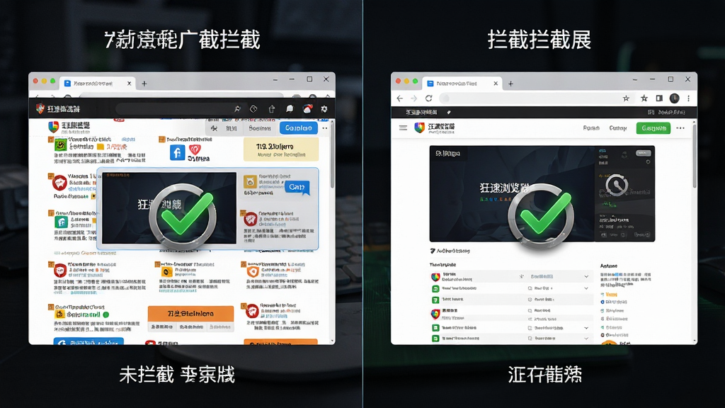 狂速浏览器智能广告拦截功能展示图,主体为浏览器窗口对比效果,布局为左右分栏,左侧显示未拦截时的杂乱广告页面,右侧显示拦截后的清爽页面,排版清晰,风格为写实科技风,细节包含拦截图标与绿色对勾标记,画质干净无多余元素
