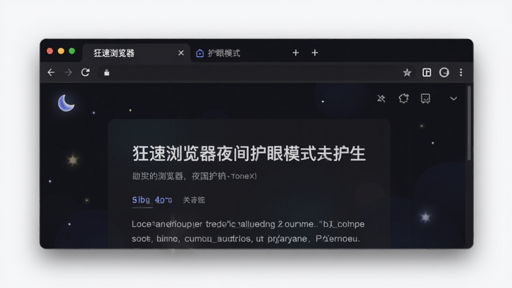狂速浏览器夜间护眼模式界面图,主体为深色背景的浏览器窗口,布局为顶部标签栏与中央阅读区域,排版简洁,风格为暗色系护眼风,细节包含柔和的文字对比度与月亮图标,画质清晰干净无多余元素