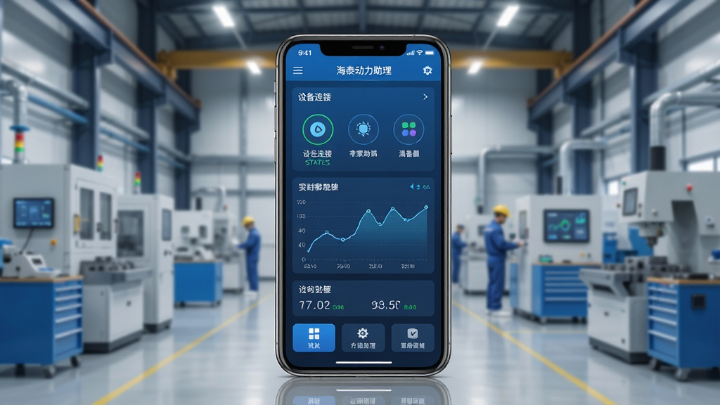 海泰动力助理软件主界面全貌展示,画面中央放置一部智能手机,屏幕内呈现海泰动力助理的蓝色调操作界面,包含设备连接状态、实时参数曲线与功能菜单按钮,背景为现代化工业车间环境,布局采用居中构图,风格为写实科技感,细节上突出界面图标与数据面板的清晰度,画质高清,干净,无多余元素