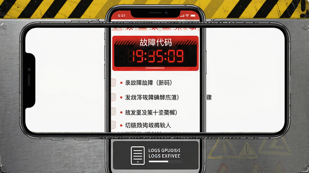 海泰动力助理故障诊断界面,画面中央为手机屏幕显示红色故障代码与排查步骤列表,屏幕下方有日志记录图标,布局为上下结构,风格为工业警示风格,细节上突出故障代码数字与解决方案文字,画质高清,干净,无多余元素
