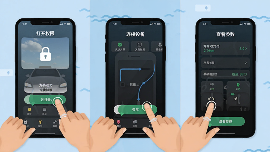 海泰动力助理新手操作指引示意图,画面展示手机屏幕分步骤操作流程,包含打开权限、连接设备、查看参数三个场景,布局为横向三格分镜,风格为扁平化教程插画,细节上突出手指点击动作与界面变化,画质清晰,干净,无多余元素