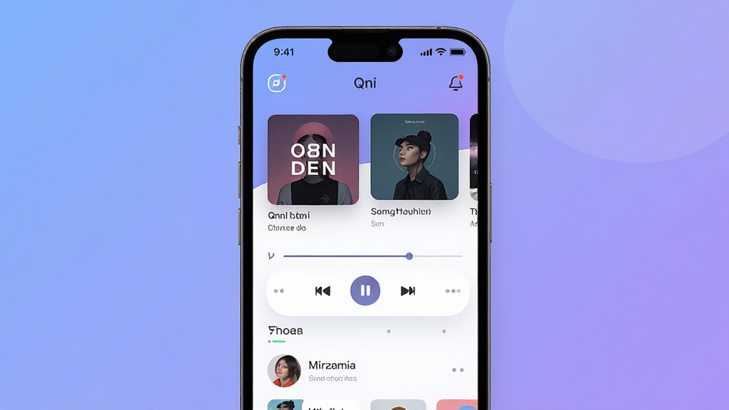 Qni音乐社交应用界面展示,主体为一部智能手机屏幕,屏幕上显示Qni应用主界面,包含歌单封面、播放控制栏和好友动态区域,布局采用居中手机展示,背景为柔和的渐变蓝紫色调,风格为现代扁平化UI设计,细节包括清晰的图标、圆角卡片、专辑封面缩略图,画质高清,干净整洁,无多余元素