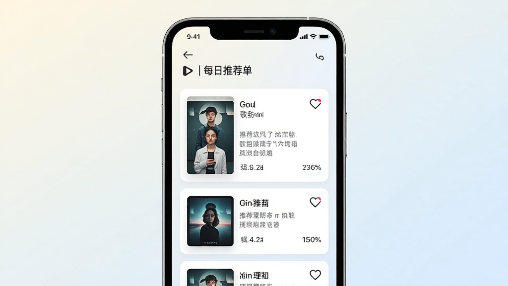 Qni应用内智能推荐页面,主体为手机屏幕展示每日推荐歌单列表,布局为竖向卡片式排列,每张卡片包含专辑封面、歌单名称和推荐理由,背景为浅色渐变,风格为清新简约的移动端UI,细节包括播放按钮图标、心形收藏图标、歌曲数量标注,画质高清,干净整洁,无多余元素