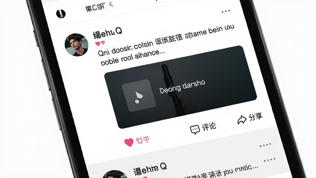 Qni音乐社区动态页面,主体为手机屏幕展示用户动态信息流,布局为纵向滚动列表,每条动态包含用户头像、昵称、文字内容、歌曲卡片和互动按钮,背景为白色与浅灰交替,风格为社交应用信息流设计,细节包括点赞爱心、评论气泡、分享箭头图标,画质高清,干净整洁,无多余元素