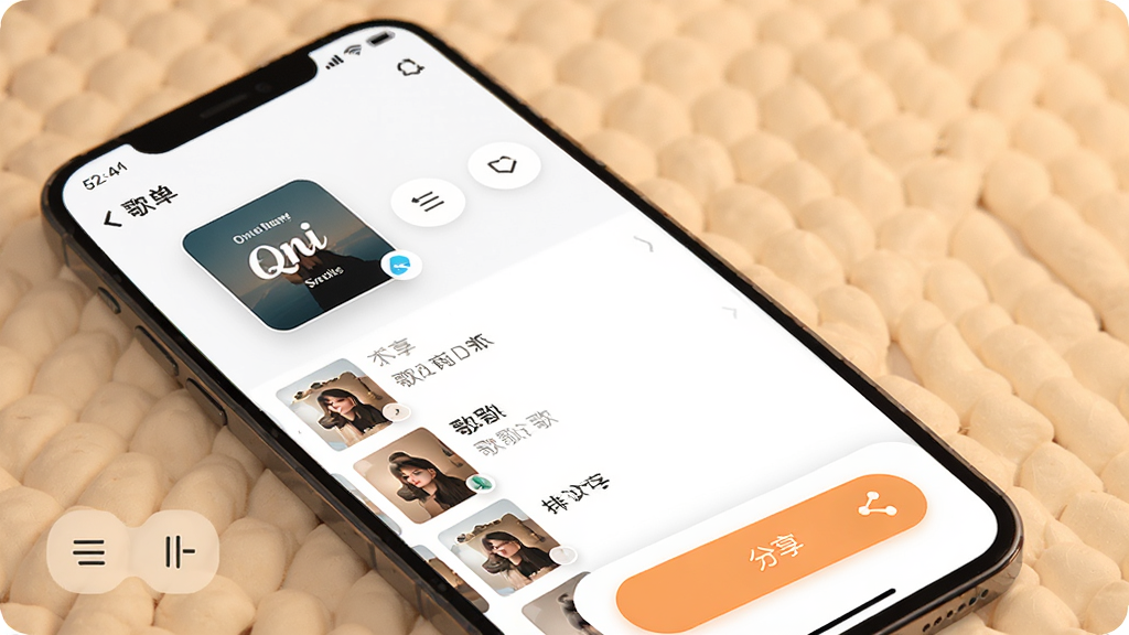 Qni歌单创建与分享功能界面,主体为手机屏幕展示歌单编辑页面,布局包含歌单封面选择区、歌曲列表和分享按钮,背景为柔和暖色调,风格为现代社交应用UI设计,细节包括拖拽排序图标、添加歌曲按钮、分享图标,画质高清,干净整洁,无多余元素