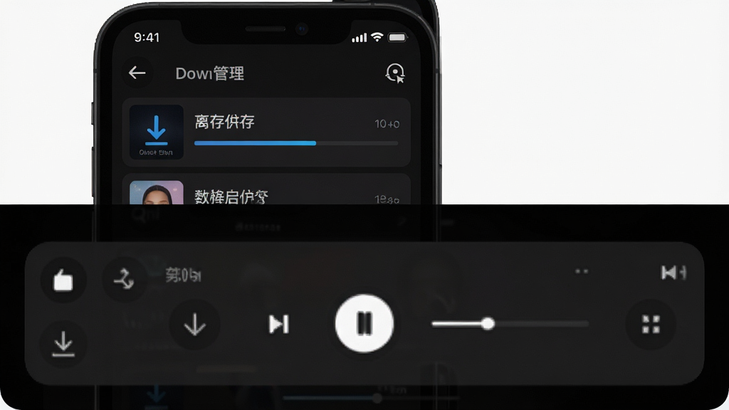 Qni离线缓存与后台播放功能展示,主体为手机屏幕显示下载管理页面和通知栏播放控制,布局为上下分屏展示,上方为缓存歌曲列表带下载进度条,下方为通知栏播放器控件,背景为深色模式界面,风格为现代移动端暗色主题UI,细节包括下载箭头图标、播放暂停按钮、进度条,画质高清,干净整洁,无多余元素
