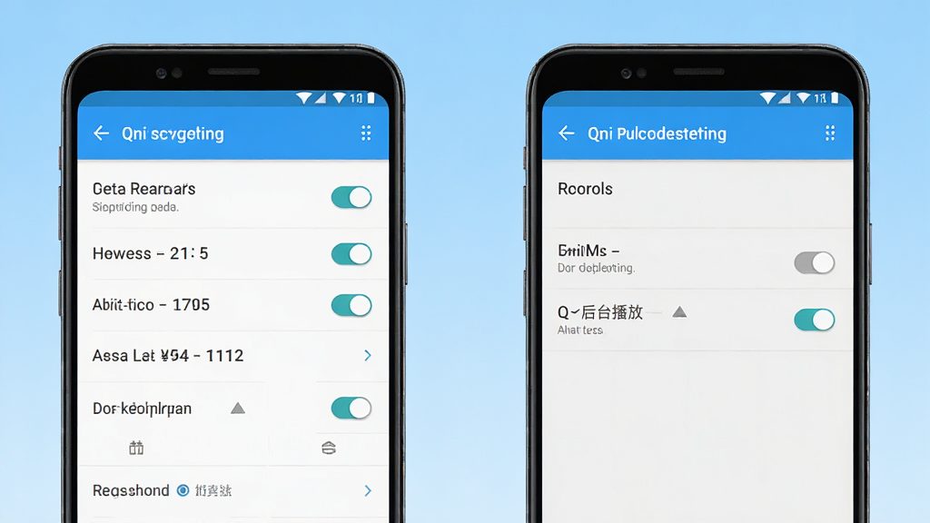 Qni安卓版使用指南示意图,主体为手机屏幕展示安装权限设置与后台播放开关界面,布局为左右分屏,左侧为权限管理页面,右侧为播放设置页面,背景为浅蓝色渐变,风格为移动端设置界面UI,细节包括开关按钮、权限列表、提示文字,画质高清,干净整洁,无多余元素