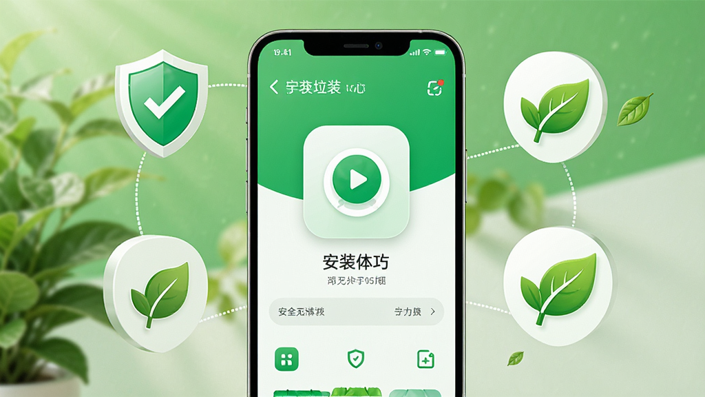 手机垃圾一键清理的轻量无广告特性展示图,画面中手机屏幕显示软件安装包体积小巧,周围有盾牌和绿叶图标象征安全纯净,风格清新自然,配色以绿色和白色为主,细节清晰,画质高清,画面干净,无多余元素