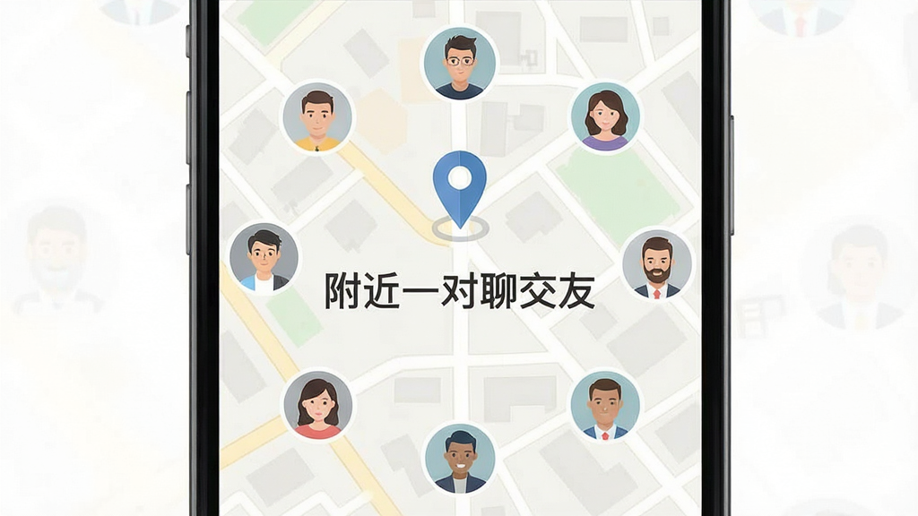 附近一对聊交友同城匹配功能界面,手机屏幕显示地图定位图标与周边用户头像环绕分布,背景为浅色城市街区简图,界面中央标注“附近一对聊交友”文字,布局对称,风格扁平化,细节清晰,画质干净,无多余元素