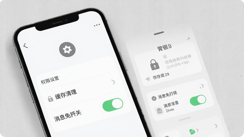 附近一对聊交友移动端使用技巧示意图,手机屏幕展示权限设置、缓存清理与消息免打扰开关,界面元素包含齿轮图标与开关按钮,背景为浅灰质感,风格素雅极简,细节清晰,画质干净,无多余元素