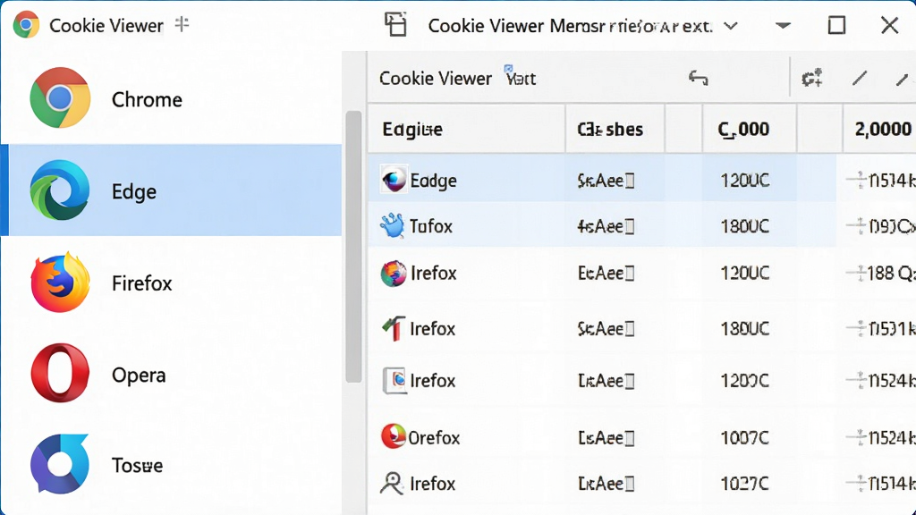 一张展示Cookie Viewer多浏览器选择功能的图片,画面主体为软件左侧浏览器列表区域,列表中显示Chrome、Edge、Firefox、Opera等浏览器图标与名称,右侧为对应的Cookie数据表格,风格为软件界面截图,细节包括浏览器图标、选中高亮状态、数据表格表头,画质清晰干净,无多余元素