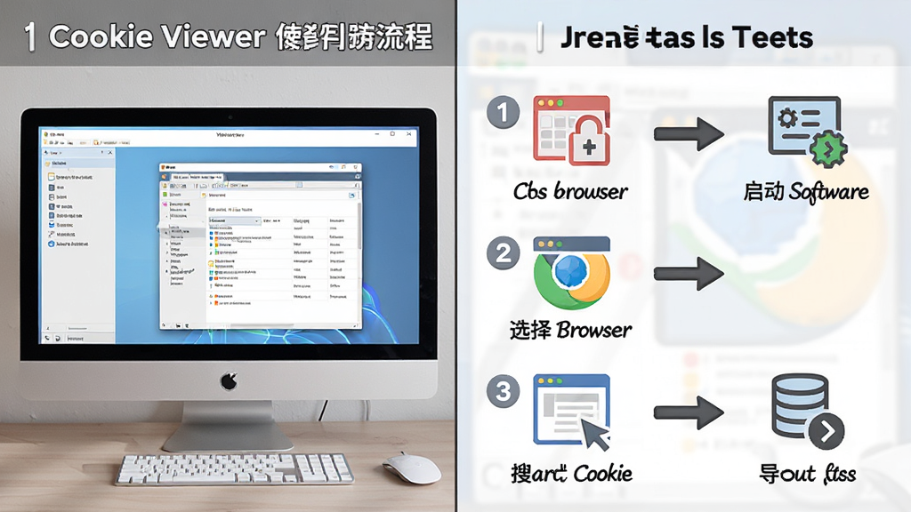 一张展示Cookie Viewer使用流程的图片,画面分为左右两部分,左侧为电脑端软件界面截图,右侧为操作步骤示意,包含关闭浏览器、启动软件、选择浏览器、搜索Cookie、导出数据等步骤图标,风格为教程示意图,细节包括步骤编号、箭头指示、软件界面缩略图,画质清晰干净,无多余元素
