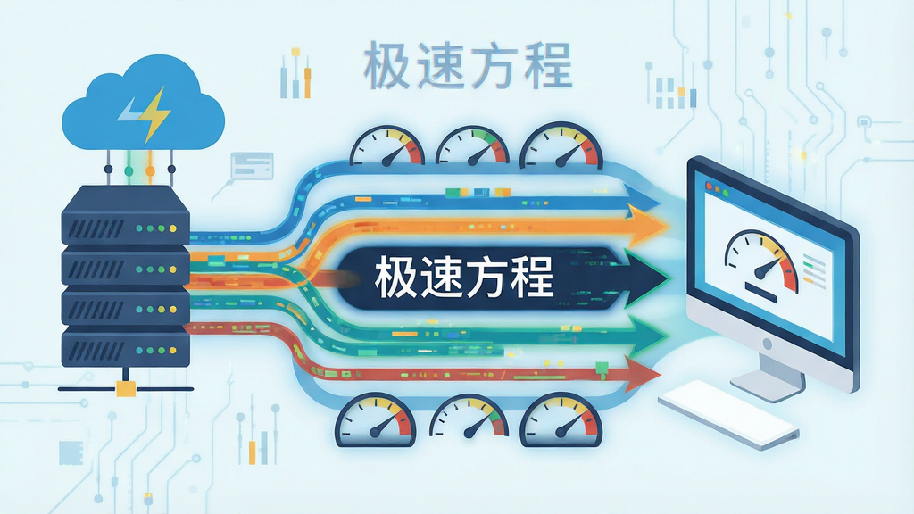 一张展示“极速方程”多线程加速原理的示意图,主体为多个数据流从云端服务器汇聚到本地电脑的抽象图形,布局采用左右流向式构图,排版左侧为服务器图标、中间为多条并行箭头、右侧为电脑屏幕,风格为扁平化科技插画风,细节包含不同颜色的数据流线条、速度仪表盘元素,画质高清、干净、无多余元素,画面中适当位置标注文字“极速方程”。